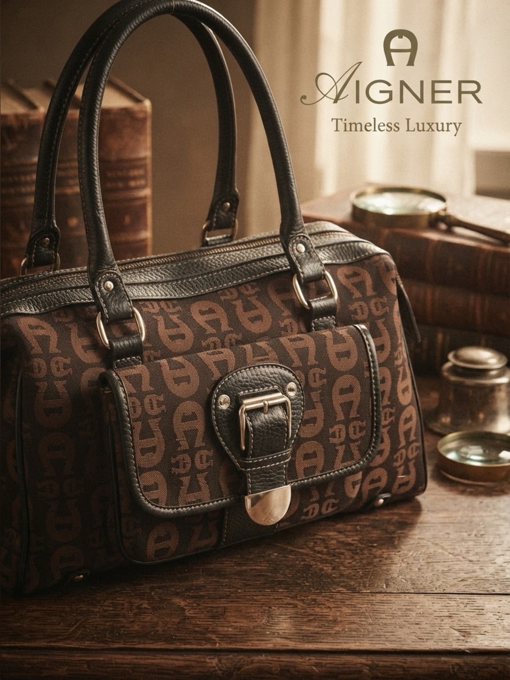 Etienne Aigner Black & Brown Satin Satchel Double Handle Silver Hardware EUC - Picture 2 of 14